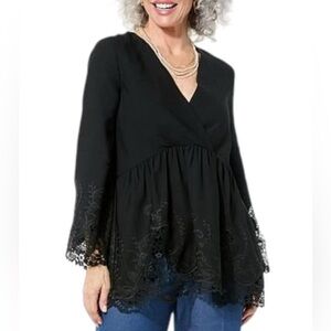 Nina Leonard Women's Surplice Neck Bell Sleeve Hi-Low Top Black Embroidered 1X